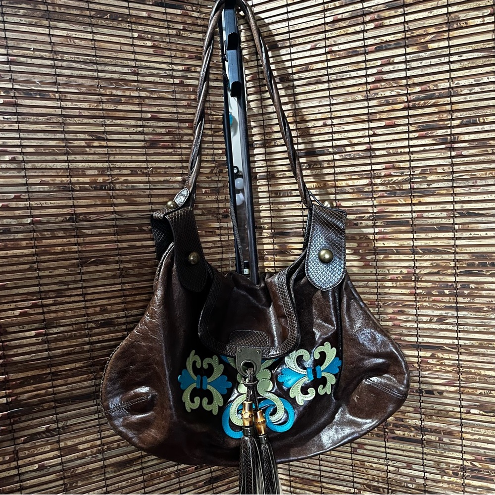 Kate Landry Brown Hobo Handbag with Braided Straps and Tassel Detail